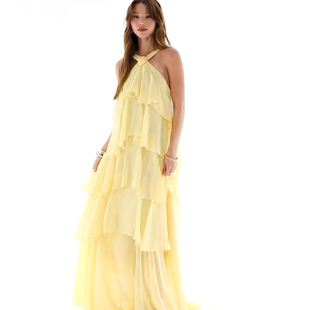 Yellow Tiered Halter Maxi Dress